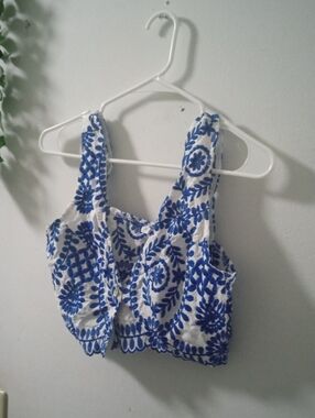 Blue & White Embroidered Crop Tank Top